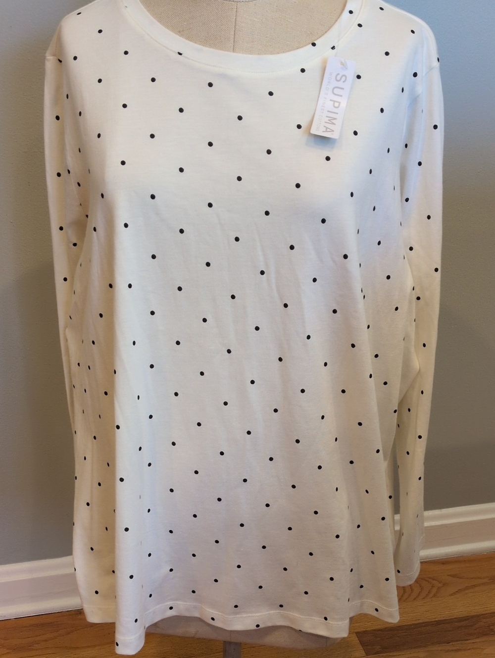 New Lands' EndSupima White Long Sleeve Tee with Black Polka Dots 2X
